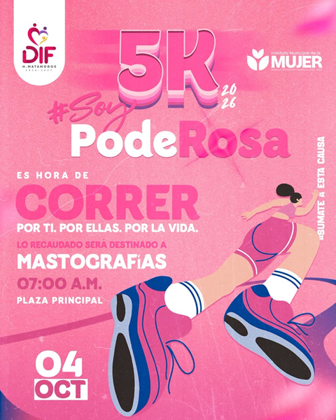Convocan Sistema DIF Matamoros a la carrera mixta 5K “SoyPodeRosa” a beneficio de la salud de las mujeres